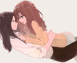 Rule 34 | 2girls, blush, brown hair, face-to-face, from side, hug, long sleeves, looking at another, multiple girls, open mouth, orange shirt, original, shirt, sleeves rolled up, sou (tuhut), sweat, tan background, white shirt, yuri
