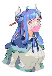Rule 34 | 1girl, arrow (symbol), blue cape, blue hair, blue ribbon, blue skirt, cape, covered mouth, curled horns, dinosaur girl, horns, long hair, mask, mouth mask, multicolored hair, one piece, pink eyes, pink hair, pink mask, raine (acke2445), ribbon, shirt, shirt tucked in, simple background, skirt, solo, streaked hair, ulti (one piece), white background, white shirt