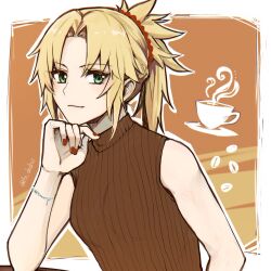 Rule 34 | 1girl, alternate costume, aruti, bare shoulders, blonde hair, braid, brown sweater, closed mouth, coffee, commentary, fate/apocrypha, fate/grand order, fate (series), fingernails, french braid, green eyes, hair ornament, hair scrunchie, head rest, highres, light smile, looking at viewer, mordred (fate), parted bangs, ponytail, red nails, red scrunchie, ribbed sweater, scrunchie, short hair, sidelocks, sleeveless, sleeveless sweater, solo, sweater, symbol-only commentary, twitter username