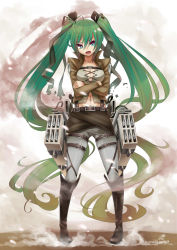 Rule 34 | 1girl, artist name, belt, boots, breasts, cleavage, crossed arms, crossover, green eyes, green hair, hair ribbon, hatsune miku, highres, knee boots, long hair, matching hair/eyes, medium breasts, navel, open mouth, parody, ribbon, shingeki no kyojin, shouben, solo, suspenders, thigh strap, three-dimensional maneuver gear, twintails, very long hair, vocaloid