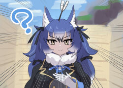 Rule 34 | 1girl, animal ears, arrow (projectile), blazer, blue hair, bow, bowtie, dire wolf (kemono friends), extra ears, gloves, grey eyes, highres, jacket, kemono friends, kemono friends v project, long hair, looking at viewer, minecraft, nishuu miri, ribbon, scarf, simple background, solo, twintails, virtual youtuber, wolf ears, wolf girl