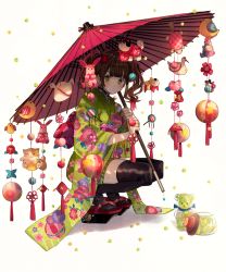 Rule 34 | 1girl, black thighhighs, blunt bangs, brown hair, candy, clogs, closed mouth, commentary request, earrings, floral print, flower, food, full body, furisode, green eyes, hair flower, hair ornament, highres, hinamatsuri, holding, holding umbrella, japanese clothes, jar, jewelry, kimono, konpeitou, looking at viewer, oil-paper umbrella, original, platform clogs, print kimono, sandals, short twintails, solo, squatting, stuffed animal, stuffed cat, stuffed dog, stuffed rabbit, stuffed toy, teddy bear, thighhighs, torino enaga, twintails, umbrella, white background, zouri