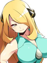 Rule 34 | 1girl, bare arms, blonde hair, breasts, cleavage, closed mouth, collarbone, collared shirt, commentary request, creatures (company), cynthia (pokemon), eyelashes, game freak, green shirt, hair ornament, hair over one eye, head tilt, long hair, looking down, mituyota 76, nintendo, pokemon, pokemon (anime), pokemon bw (anime), shiny skin, shirt, simple background, sleeveless, sleeveless shirt, solo, upper body, white background, yellow eyes