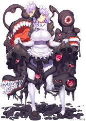 Rule 34 | 1girl, apron, black footwear, braid, breasts, closed mouth, clothes lift, collared shirt, dated, elbow gloves, eldritch abomination, extra eyes, extra mouth, fangs, gloves, hair over shoulder, hair ribbon, highres, large breasts, long hair, looking at viewer, maid, maid apron, maid headdress, melting, monster girl, monster girl encyclopedia, original, pantyhose, puffy short sleeves, puffy sleeves, purple hair, red eyes, ribbon, shirt, shoes, short sleeves, signature, simple background, skirt, skirt lift, slime (substance), smile, solo, standing, tress ribbon, white background, white gloves, white pantyhose, wing collar, yui sora