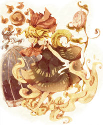 Rule 34 | 1girl, bad id, bad pixiv id, barefoot, black dress, blonde hair, bow, brown eyes, clock, closed mouth, dome, dress, embodiment of scarlet devil, female focus, frilled sleeves, frills, full body, gradient background, hair bow, leaning forward, looking at viewer, looking to the side, masirosu, outstretched arms, profile, puffy short sleeves, puffy sleeves, red bow, rumia, short hair, short sleeves, smile, solo, sun, touhou, white background