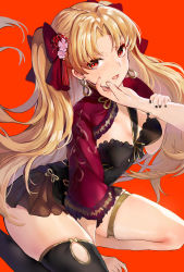 Rule 34 | 1girl, absurdres, arm between legs, arm support, asymmetrical legwear, between breasts, black thighhighs, blonde hair, bow, breasts, detached collar, earrings, ereshkigal (fate), fate/grand order, fate (series), grabbing another&#039;s chin, hand on another&#039;s chin, highres, hoop earrings, jewelry, kneeling, long hair, looking at viewer, medium breasts, microskirt, open mouth, parted bangs, purple bow, red background, red eyes, shrug (clothing), single thighhigh, sitting, skindentation, skirt, solo focus, thigh strap, thighhighs, two side up, uneven legwear, very long hair, wumumu
