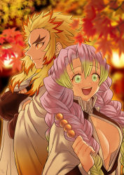 Rule 34 | 1boy, 1girl, :d, autumn, autumn leaves, black jacket, blonde hair, blurry, blurry background, blurry foreground, braid, breasts, cape, cleavage, closed mouth, collared shirt, cropped arms, dango, dress shirt, food, forked eyebrows, gradient cape, gradient hair, green eyes, green hair, highres, holding, holding food, jacket, kanroji mitsuri, kimetsu no yaiba, large breasts, leaf, long hair, long sleeves, maple leaf, mole, mole under eye, multicolored hair, open clothes, open jacket, open mouth, open shirt, orange cape, pink hair, red hair, remsor076, rengoku kyoujurou, shirt, smile, twin braids, two-tone hair, unbuttoned, unbuttoned shirt, very long hair, wagashi, white cape, white shirt, wing collar, yellow eyes