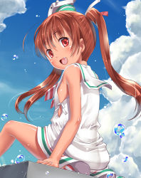 Rule 34 | 10s, 1girl, brown eyes, brown hair, cloud, dark-skinned female, dark skin, day, dress, fang, from behind, hat, kantai collection, libeccio (kancolle), long hair, looking back, open mouth, panties, sitting, sky, sleeveless, sleeveless dress, smile, solo, striped clothes, striped panties, takase yuu, underwear