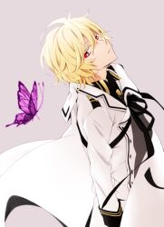 Rule 34 | 1boy, ahoge, blonde hair, bug, butterfly, buttons, collared shirt, commentary request, grey background, highres, hyakuya mikaela, insect, long sleeves, male focus, owari no seraph, parted lips, purple butterfly, red eyes, shirt, short hair, solo, tsukimori usako, upper body