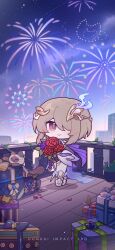 Rule 34 | 1girl, absurdres, aerial fireworks, bouquet, box, cat, chibi, english text, fireworks, flower, gift, gift box, highres, holding, holding bouquet, honkai (series), honkai impact 3rd, looking at viewer, official art, official wallpaper, one eye covered, purple flower, red flower, rita rossweisse, rita rossweisse (spina astera), smile, standing, yellow headwear