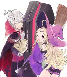 Rule 34 | 1boy, 1girl, blush, cape, circlet, closed eyes, fire emblem, fire emblem awakening, fire emblem heroes, gloves, green hair, halloween, hat, henry (fire emblem), long hair, long sleeves, looking at viewer, nintendo, nowi (fire emblem), one eye closed, open mouth, pointy ears, purple eyes, short hair, smile, vampire, white hair, witch, witch hat