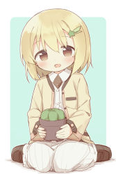 Rule 34 | 1girl, :d, ayanepuna, blonde hair, blush, brown eyes, brown footwear, brown jacket, collared shirt, commentary request, dress shirt, green background, hair between eyes, hair ornament, highres, holding, jacket, looking at viewer, mole, mole under eye, open clothes, open jacket, open mouth, original, plant, potted plant, shadow, shirt, shoes, sitting, skirt, smile, solo, star (symbol), star hair ornament, two-tone background, wariza, white background, white shirt, white skirt