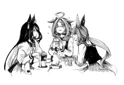 Rule 34 | 3girls, admire vega (umamusume), ahoge, animal ears, blush, bow, bowtie, closed eyes, closed mouth, coffee maker, cup, earrings, ears down, greyscale, highres, horse ears, horse girl, horse tail, jacket, jewelry, long hair, long sleeves, looking at another, low twintails, mame nabe donko, manhattan cafe (umamusume), medium hair, meisho doto (umamusume), monochrome, multiple girls, pleated skirt, sailor collar, school uniform, single earring, skirt, smile, table, tail, teacup, teapot, tracen school uniform, traditional media, twintails, umamusume