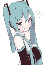 Rule 34 | 1girl, aqua eyes, aqua hair, aqua necktie, bare shoulders, black sleeves, blush, commentary, detached sleeves, fang, from side, giryu, grey shirt, hair ornament, hatsune miku, headphones, headset, highres, long hair, looking at viewer, necktie, open mouth, shirt, sleeveless, sleeveless shirt, solo, tears, twintails, upper body, v-shaped eyebrows, very long hair, vocaloid, white background
