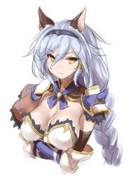 Rule 34 | 10s, 1girl, 47agdragon, animal ears, blue hair, blush, braid, breasts, cleavage, closed mouth, crossed arms, elbow gloves, erune, gloves, granblue fantasy, hair between eyes, hairband, heles, highres, large breasts, long hair, looking at viewer, single braid, sketch, smile, solo, yellow eyes