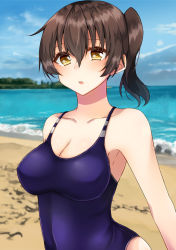 Rule 34 | 1girl, :o, beach, blue one-piece swimsuit, blush, breasts, brown hair, cleavage, cloud, day, hair between eyes, highres, izumo ayuka, kaga (kancolle), kantai collection, large breasts, ocean, one-piece swimsuit, outdoors, ponytail, sand, school swimsuit, side ponytail, sky, solo, swimsuit, water, yellow eyes