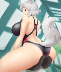 Rule 34 | 1girl, absurdres, animal ears, ass, back, back cutout, breasts, clothing cutout, competition swimsuit, from behind, highres, huge breasts, inubashiri momiji, looking back, looking down, one-piece swimsuit, profile, red eyes, short hair, silver hair, sitting, solo, swimsuit, tail, thighs, tochinoko, touhou, wolf ears, wolf tail
