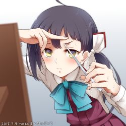 Rule 34 | 1girl, adjusting hair, ahoge, artist name, black hair, blue neckwear, blush, bow, commentary request, concentrating, cutting hair, dated, dress, fingernails, frown, fujinami (kancolle), hair bow, highres, kantai collection, long hair, long sleeves, looking at mirror, mirror, nuka (nvkka), one-hour drawing challenge, pleated dress, ribbon, school uniform, scissors, solo, trembling, twitter username, white bow, yellow eyes