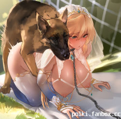 Rule 34 | 1girl, all fours, animal, artist name, bare shoulders, bdsm, bestiality, blonde hair, blue eyes, blue thighhighs, blush, bra, breasts, bridal gauntlets, bridal veil, bride, chain, chain leash, collar, commentary request, commission, cupless bra, day, dog, doggystyle, functionally nude, german shepherd, gradient legwear, hanging breasts, highres, large breasts, leash, linked piercing, long hair, nipple chain, nipple piercing, nipple rings, nipples, o-ring, original, outdoors, panties, parted lips, piercing, pixiv commission, polki, see-through, sex, sex from behind, slave, solo, sunlight, thighhighs, tiara, underwear, veil, watermark, web address, white panties, white thighhighs