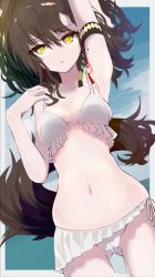 1girl animal_ear_fluff animal_ears arknights arm_up bare_arms bare_shoulders bikini black_hair blue_sky blush breasts closed_mouth cloud collarbone commentary_request day frilled_bikini frills hair_between_eyes hand_up hige_qr looking_at_viewer lunacub_(arknights) medium_breasts mole mole_on_arm navel side-tie_bikini_bottom skindentation sky solo swimsuit tail water white_bikini wolf_girl wolf_tail yellow_eyes