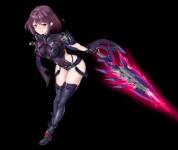 Rule 34 | 1girl, aegis sword (xenoblade), black gloves, breasts, chest jewel, cleavage, corruption, dark persona, earrings, fingerless gloves, gem, gloves, highres, jewelry, large breasts, leaning forward, matrix16, nintendo, official alternate costume, purple hair, purple shorts, purple thighhighs, pyra (xenoblade), red eyes, red gemstone, short hair, short shorts, shorts, solo, super smash bros., swept bangs, sword, thighhighs, thighs, tiara, weapon, xenoblade chronicles (series), xenoblade chronicles 2