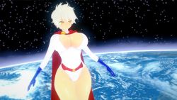 Rule 34 | 1girl, blue gloves, breasts, cape, cleavage, cleavage cutout, clothing cutout, cosplay, earth (planet), flying, gloves, huge breasts, leotard, miyabi (senran kagura), planet, power girl, power girl (cosplay), senran kagura, short hair, sky, slit pupils, solo, space, star (sky), starry sky, superhero costume, thick thighs, thighs, white hair, white leotard, yellow eyes