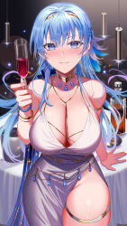Rule 34 | 1girl, absurdres, alcohol, amahara subaru, bead bracelet, beads, blue eyes, blue hair, blush, bottle, bracelet, breasts, closed mouth, commentary request, cup, dress, drinking glass, earrings, evening gown, feather hair ornament, feathers, food, goddess of victory: nikke, gold bracelet, gold hairband, hair ornament, hairband, helm (chandelier) (nikke), helm (nikke), highres, holding, holding cup, jewelry, large breasts, long hair, looking at viewer, neck ring, plate, side slit, single earring, solo, table, thigh strap, white dress, wine glass