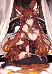 Rule 34 | 1girl, animal ears, anthuria, bare shoulders, between legs, black gloves, black thighhighs, blush, breasts, bright pupils, cleavage, cleavage cutout, closed mouth, clothing cutout, dress, elbow gloves, erune, gloves, gradient hair, granblue fantasy, hair between eyes, hair ornament, hand between legs, head tilt, highres, indoors, leaning forward, long hair, looking at viewer, medium breasts, multicolored hair, off-shoulder dress, off shoulder, on bed, orange hair, red dress, red eyes, red hair, single elbow glove, sitting, smile, solo, thighhighs, two-tone hair, very long hair, wariza, watao
