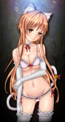 Rule 34 | 10s, 1girl, animal ears, asuna (sao), bell, blush, bow, bow panties, bra, braid, breasts, brown hair, cat ears, cat tail, choker, cleavage, contrapposto, cowboy shot, elbow gloves, fake animal ears, french braid, gloves, groin, highres, kemonomimi mode, lingerie, looking away, looking down, lowleg, lowleg panties, matsuryuu, panties, pitui1996, self-upload, solo, standing, sword art online, tail, tail bell, tail ornament, thighhighs, underwear, underwear only, white gloves