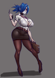 Rule 34 | 1girl, alternate costume, bathsalts, belt, belt buckle, blue hair, bonesaw, breasts, briefcase, buckle, cellphone, choker, cleavage, flip phone, grey background, hair over one eye, high heels, highres, large breasts, mask, name tag, pantyhose, phone, ponytail, red eyes, saw, shirt, skirt, skullgirls, solo, tight clothes, tight shirt, valentine (skullgirls), watch, wristwatch