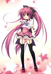 Rule 34 | 1girl, :d, absurdres, black thighhighs, full body, garter straps, highres, korie riko, legs, long hair, looking at viewer, magical charming!, open mouth, orietta chrono istarica ginasteele, pink hair, ponytail, puffy short sleeves, puffy sleeves, purple eyes, school uniform, short sleeves, skirt, smile, solo, standing, thighhighs, very long hair, zettai ryouiki