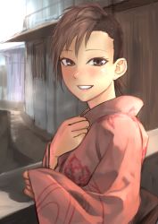 Rule 34 | 1girl, asymmetrical hair, blush, brown eyes, brown hair, buzz cut, from side, highres, japanese clothes, kilye kairi, kimono, long sleeves, looking at viewer, original, outdoors, pink kimono, short hair, sleeves past wrists, smile, solo, upper body, very short hair, wide sleeves