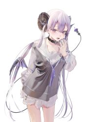 Rule 34 | 1girl, black collar, blush, cardigan vest, collar, cowboy shot, curled horns, demon girl, demon horns, demon wings, fang, hand to own mouth, highres, horns, jima, lace, lace-trimmed skirt, lace trim, light purple hair, long hair, looking at viewer, miniskirt, neck ribbon, non-web source, open mouth, original, purple eyes, purple ribbon, ribbon, sailor collar, skirt, smile, smug, solo, tachi-e, tail, twintails, very long hair, white skirt, wings