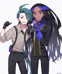 Rule 34 | 2girls, ahoge, black gloves, black hair, black jacket, black necktie, black pants, blue eyes, botamochi (exwelder), bright pupils, collared shirt, commentary, creatures (company), dark-skinned female, dark skin, earrings, elbow on another&#039;s shoulder, eyelashes, formal, game freak, geeta (pokemon), gloves, green hair, grey shirt, hand on another&#039;s hip, highres, jacket, jewelry, long hair, long sleeves, looking at viewer, multicolored hair, multiple girls, neck ribbon, necktie, nintendo, pants, pokemon, pokemon sv, ponytail, red eyes, ribbon, rika (pokemon), shirt, suspenders, thick eyebrows, very long hair, white pupils, yellow ribbon