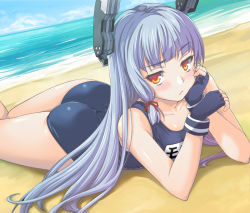 Rule 34 | 10s, 1girl, arm support, ass, bare shoulders, beach, blue hair, fingerless gloves, gloves, ipuu (el-ane koubou), kantai collection, long hair, lying, murakumo (kancolle), on stomach, one-piece swimsuit, pout, raised eyebrow, red eyes, school swimsuit, solo, swimsuit, thighs
