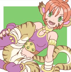 Rule 34 | 1girl, :d, ahoge, animal ears, armlet, bandaged leg, bandages, bare shoulders, black nails, body fur, bottomless, breasts, breath of fire, breath of fire ii, facial mark, fangs, fingernails, green eyes, hair between eyes, lowres, medium breasts, open mouth, orange hair, rinpoo chuan, sharp fingernails, sicky (pit-bull), sitting, smile, solo, tail, teeth, tiger ears, tiger girl, tiger tail, whisker markings