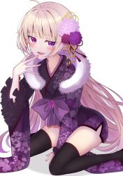 Rule 34 | 1boy, ahoge, alternate costume, black thighhighs, blonde hair, blunt bangs, blush, collarbone, commentary request, floral print, flower, frilled sleeves, frills, hair flower, hair ornament, highres, long hair, looking at viewer, open mouth, princess connect!, purple eyes, sazamiso rx, smile, thighhighs, trap, very long hair, yuki (princess connect!)