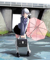Rule 34 | 1girl, bag, bent over, breasts, breasts squeezed together, bridge, full body, grass, hair ornament, hairclip, half-closed eyes, kouno (masao), long sleeves, open mouth, original, pigeon-toed, puddle, school bag, school uniform, shirt, silver hair, skirt, solo, sweater, thighhighs, transparent, transparent umbrella, umbrella, v arms, white thighhighs, zettai ryouiki
