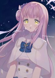 Rule 34 | 1girl, blue archive, blunt bangs, capelet, commentary request, crying, crying with eyes open, dress, hair bun, hair ornament, halo, long hair, looking at viewer, mika (blue archive), natsumachisan, night, night sky, one side up, parted lips, pink hair, sidelocks, single side bun, sky, solo, star (sky), starry sky, tears, turtleneck, turtleneck dress, white dress, yellow eyes