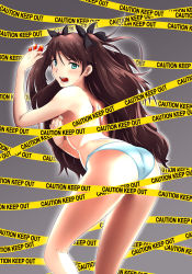 Rule 34 | 1girl, blue eyes, blue panties, caution tape, covering privates, covering breasts, fate/grand order, fate/stay night, fate (series), highres, long hair, no bra, panties, partially undressed, serkior, solo, tohsaka rin, topless, twintails, two side up, underwear