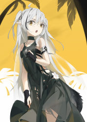 Rule 34 | 1girl, ahoge, arknights, armband, bare arms, bare shoulders, black choker, black dress, black gloves, choker, commentary, cowboy shot, crocodilian tail, dress, gloves, grey hair, hair between eyes, highres, long hair, looking at viewer, newnand, official alternate costume, open mouth, solo, standing, tail, tomimi (arknights), two side up, very long hair, yellow eyes