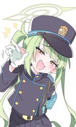 Rule 34 | 1girl, :d, arm behind back, armband, black hat, black jacket, blue archive, blue armband, commentary request, gloves, green hair, green halo, halo, hat, ixy, jacket, long hair, looking at viewer, nozomi (blue archive), open mouth, pointy ears, simple background, smile, solo, twintails, white background, white gloves