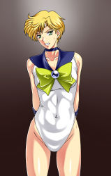 Rule 34 | 1girl, arms behind back, bishoujo senshi sailor moon, blonde hair, blue choker, blue sailor collar, bound, bound arms, bow, bowtie, breasts, brown background, choker, circlet, clenched teeth, collarbone, covered navel, cowboy shot, earrings, female focus, gradient background, green bow, green bowtie, green eyes, jewelry, kamo (nobuhide19790717), leotard, looking at viewer, medium breasts, rope, sailor collar, sailor uranus, shiny skin, short hair, simple background, solo, standing, sweat, teeth, ten&#039;ou haruka, tied up, white leotard