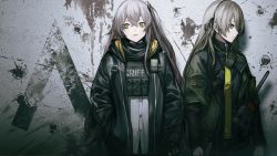 Rule 34 | 2girls, bullet hole, english text, girls&#039; frontline, grey hair, gun, h&amp;k ump, highres, hood, hooded jacket, jacket, multiple girls, necktie, no scar, official art, radio, siblings, side-by-side, sisters, submachine gun, ump40 (girls&#039; frontline), ump45 (girls&#039; frontline), wall, weapon, yellow eyes, aged down
