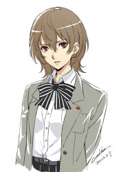 Rule 34 | 1girl, akechi gorou, belt, bow, bowtie, brown hair, coat, collared shirt, dated, ear piercing, genderswap, genderswap (mtf), grey coat, hair between eyes, looking at viewer, open clothes, open coat, parted lips, persona, persona 5, piercing, red eyes, shirt, short hair, signature, simple background, solo, upper body, werkbau, white background, white shirt