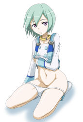 Rule 34 | 00s, 1girl, aqua hair, bottomless, clothes lift, collar, eureka (eureka seven), eureka seven, eureka seven (series), no pants, no pussy, non (number), panties, panty pull, purple eyes, pussy, shirt lift, shoes, short hair, sitting, smile, solo, underwear