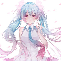 Rule 34 | 1girl, absurdres, bare arms, blue hair, blue nails, blue necktie, breasts, cherry blossoms, falling petals, flower, gradient hair, gradient nails, gradient necktie, hair flower, hair ornament, hand up, hatsune miku, highres, large breasts, light particles, long hair, looking at viewer, mizuamemochimochi, multicolored hair, nail polish, necktie, parted lips, petals, pink eyes, pink hair, pink nails, pink necktie, sakura miku, shirt, simple background, sleeveless, sleeveless shirt, solo, straight-on, twintails, two-tone hair, two-tone nails, two-tone necktie, vocaloid, white background, white shirt