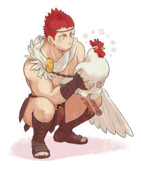 Rule 34 | 1boy, :/, ancient greek clothes, animal, bara, bird, blush, boots, bulge, chicken, cross-laced footwear, feather hair ornament, feathers, full body, greco-roman clothes, hair ornament, heterochromia, holding, holding animal, knee boots, male focus, muscular, muscular male, pollux (housamo), red hair, rooster, short hair, sideburns, solo, squatting, thighs, tokyo houkago summoners, topless male, tsuna (so da77), yellow eyes