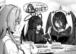 Rule 34 | 3girls, ankoku kishi m, antenna hair, black wings, blue archive, blunt bangs, braid, cake, cake stand, collarbone, commentary request, crown braid, cup, drooling, english text, feathered wings, flower, food, gloves, greyscale, hair between eyes, hair flower, hair ornament, halo, hasumi (blue archive), highres, holding, holding cup, long hair, long sleeves, looking at another, macaron, monochrome, multiple girls, nagisa (blue archive), plate, school uniform, serafuku, shaded face, sharp teeth, sidelocks, simple background, spoken character, strawberry shortcake, sweatdrop, table, tea, teacup, teeth, trembling, tsurugi (blue archive), wings