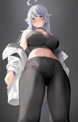 Rule 34 | 1girl, absurdres, ahoge, bare shoulders, black background, black choker, black pants, black shirt, blue eyes, blush, breasts, check copyright, choker, copyright request, crop top, foreshortening, from below, hair flaps, highres, jacket, kiro (kirotayu), large breasts, leggings, long hair, long sleeves, looking at viewer, looking down, midriff, navel, off shoulder, open clothes, open jacket, original, pants, shirt, simple background, sleeveless, sleeveless shirt, solo, standing, stomach, tank top, white hair, white jacket